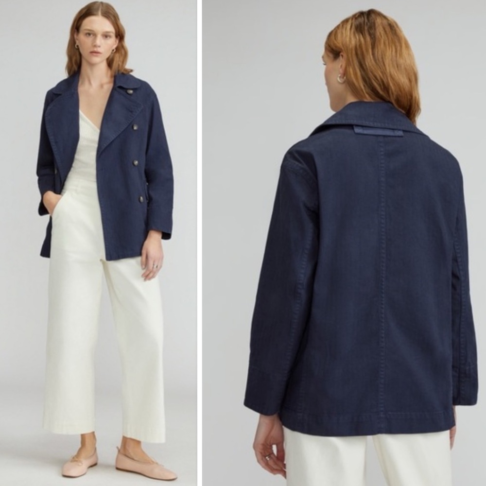 Everlane The Organic Cotton Herringbone Double Breasted Jacket in Navy Size XS